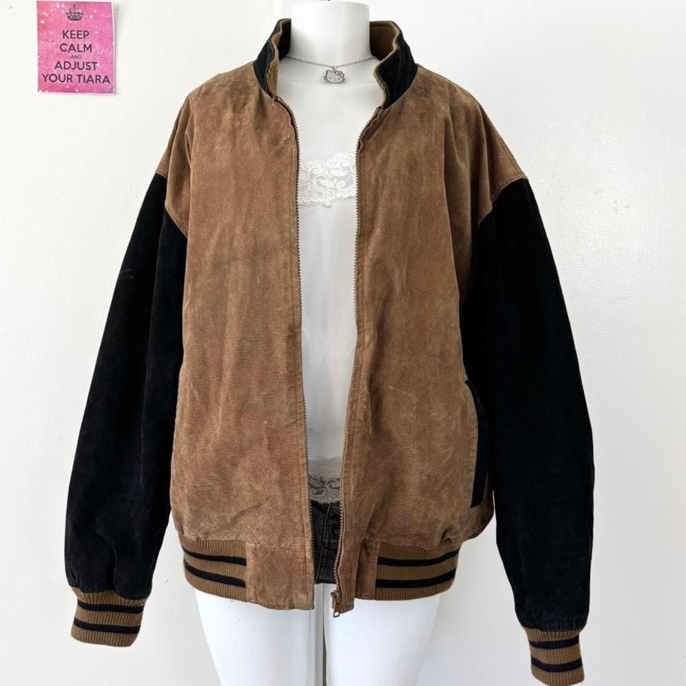 retreat vintage‎ genuine suede bomber jacket brown black size 46 xl